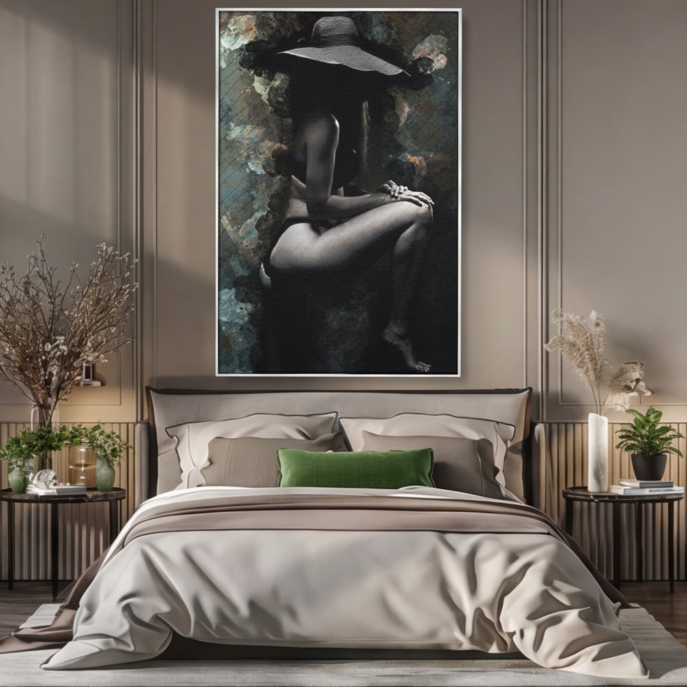 Tablou canvas cu tablou canvas cu silueta feminina, in rama de aluminiu argintiu, pe perete intr-un dormitor